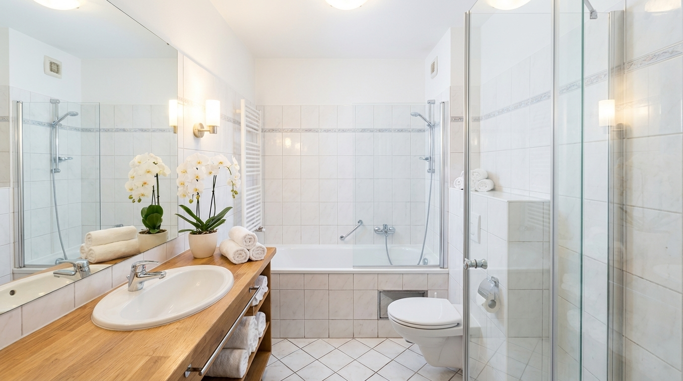 Čistá bílá koupelna ve stylu hotelu